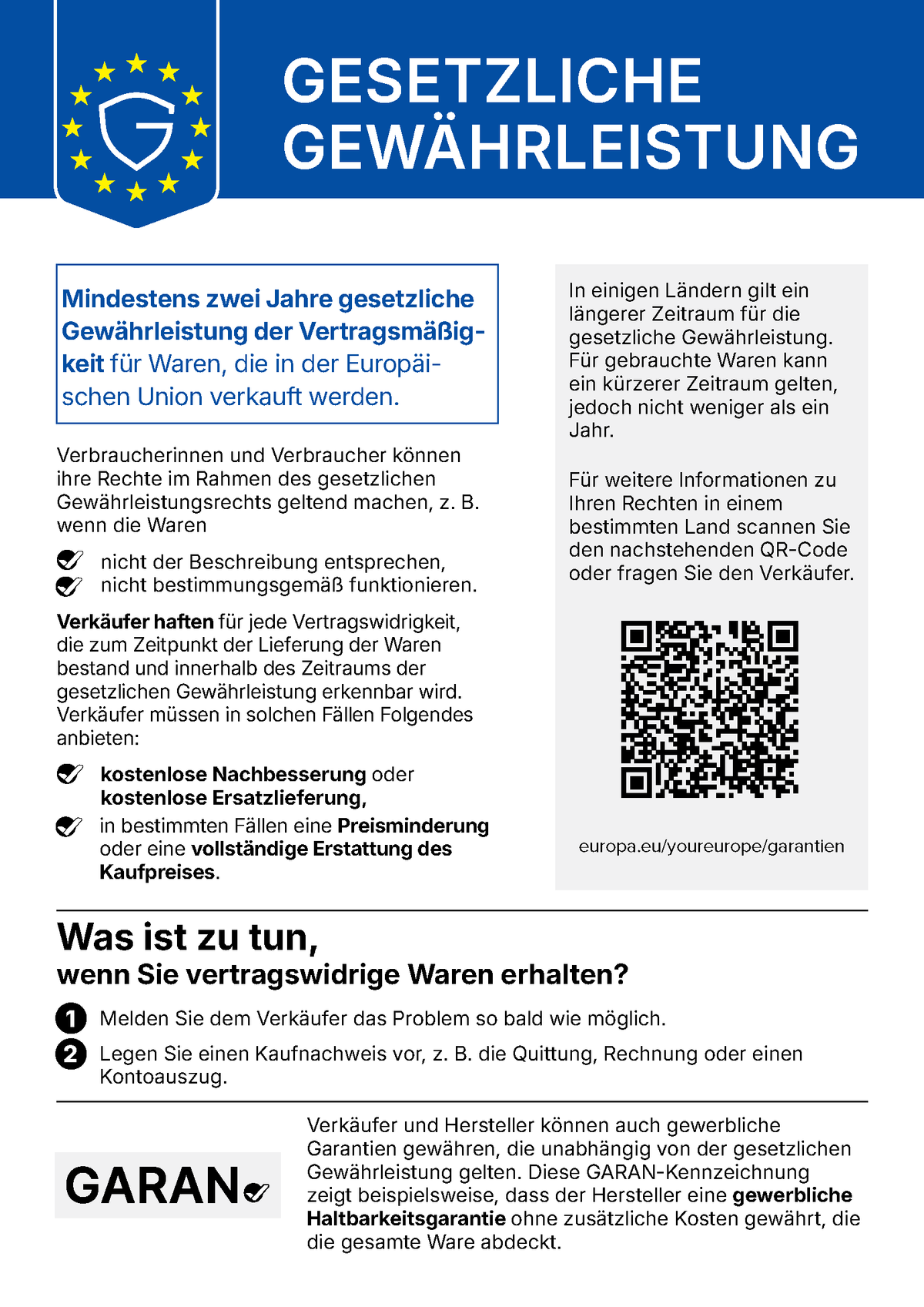 EU-Hinweis: gesetzliche Gewährleistung von mindestens 2 Jahren