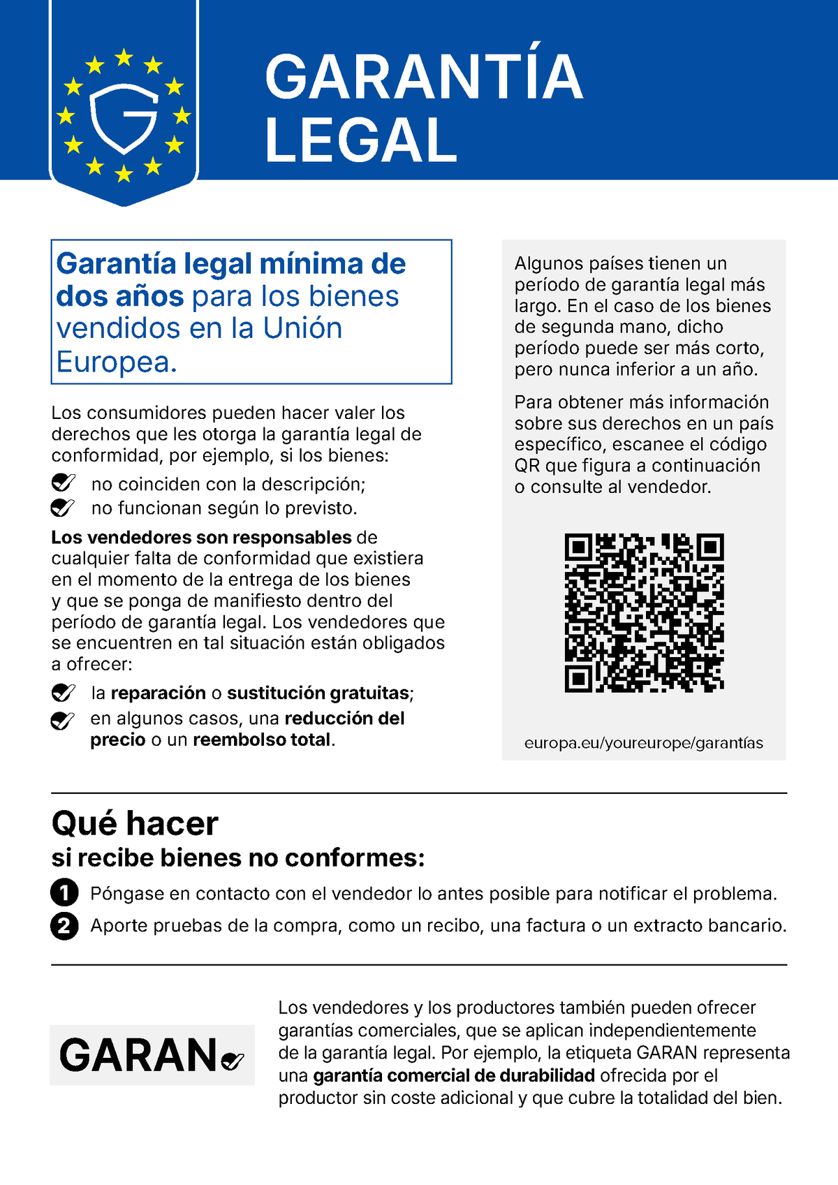 Aviso UE: garantía legal de al menos 2 años