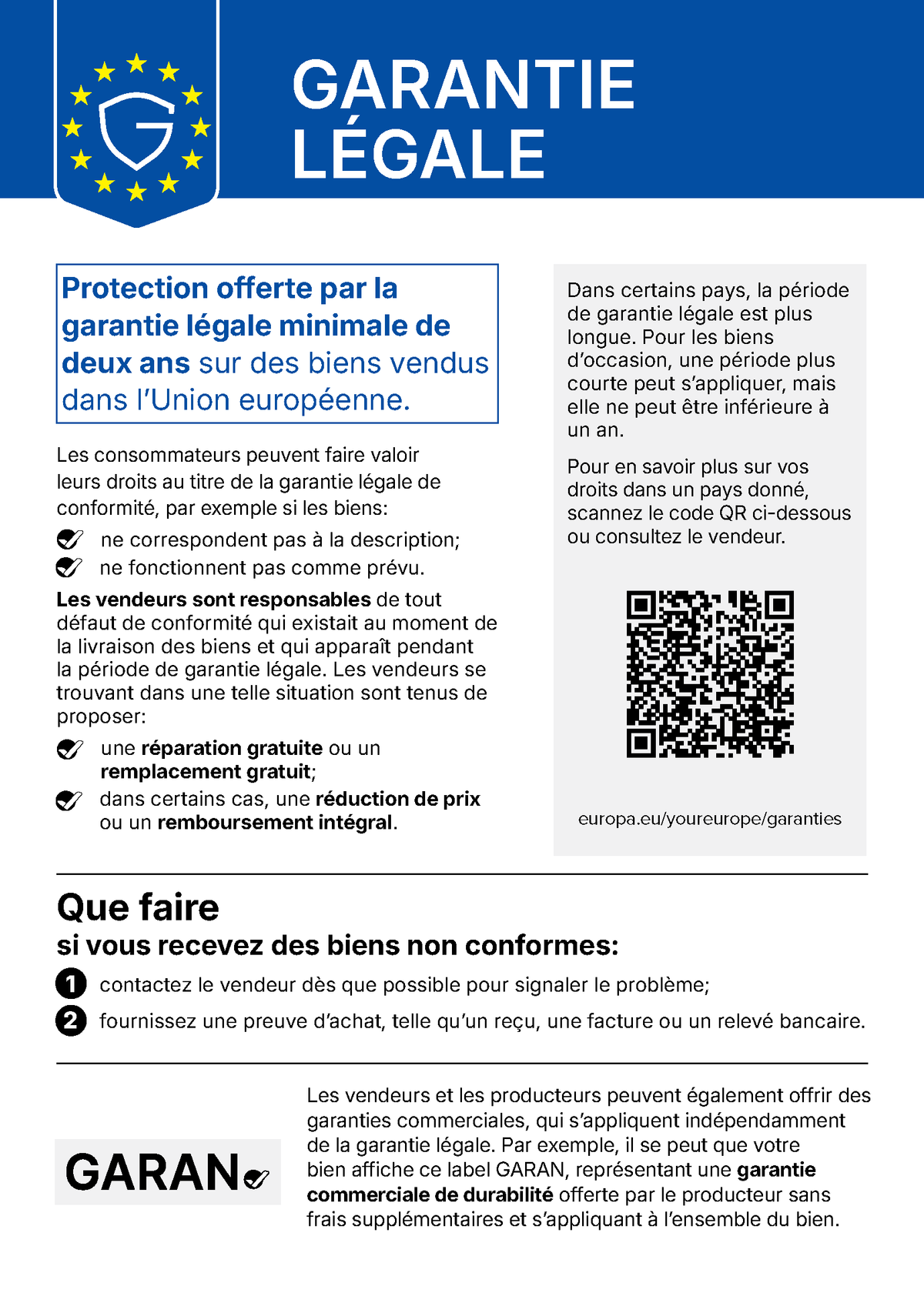 Avis UE : garantie légale d’au moins 2 ans