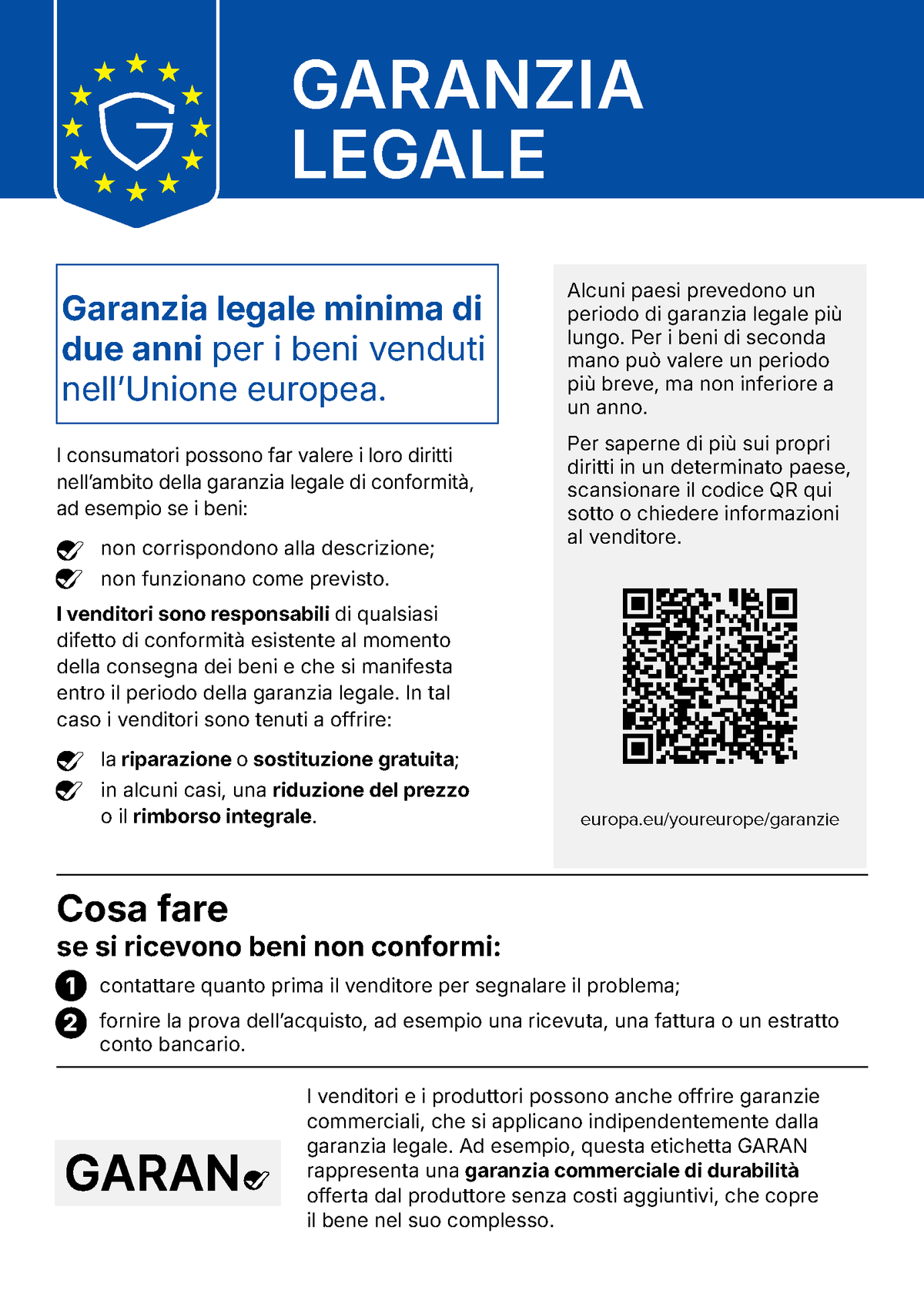 Avviso UE: garanzia legale di almeno 2 anni
